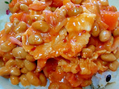 納豆の食べ方-豚肉トマトキムチ♪